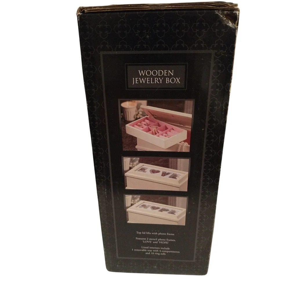 Always & Forever White Wooden Jewelry Box Photo Frame Lid Love Hope Stencil VTG